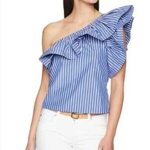 Misa Los Angeles Blue/White Stripe One Shoulder Ruffle Top SZ S